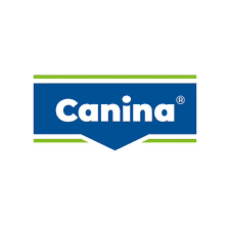 Logo des Herstellers Canina Pharm., weiße Schrift auf blauem Grund