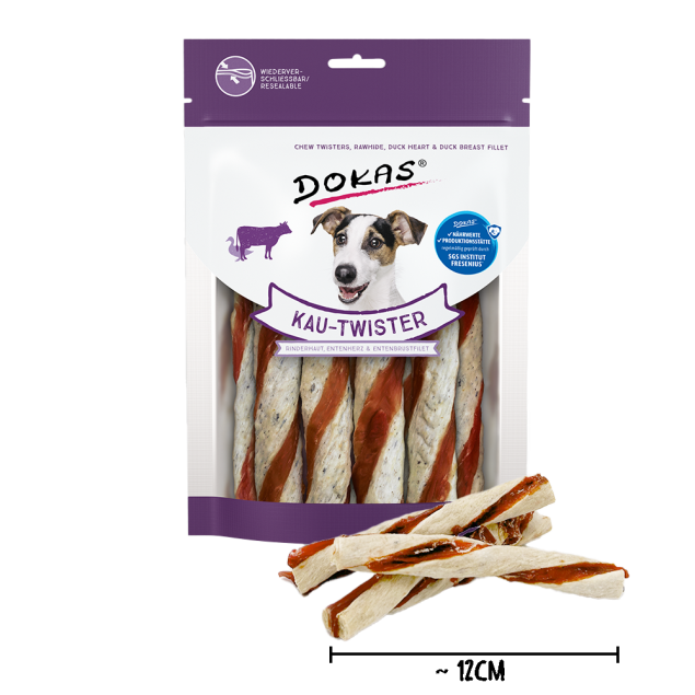 9 x Dokas Kau-Twister Rinderhaut Entenherz und Entenbrustfilet 200 g