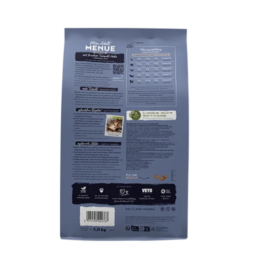 Bosch HPC Menue Mini Adult Tierwohl-Huhn Rückseite mit Fütterungsempfehlung