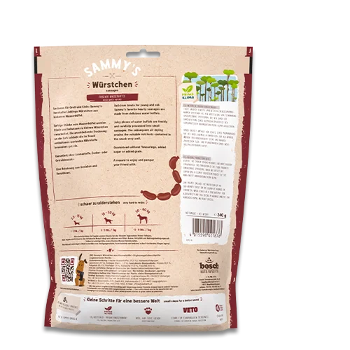 Sammy’s Wasserbüffel-Würstchen 6x240g, getreidefreie Hundesnacks Verpackung Rückseite, proteinreich und natürlich.