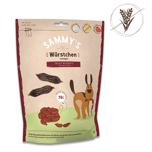 Sammy’s Wasserbüffel-Würstchen 6x240g, getreidefreier Hundesnack in Vorratspackung, proteinreich und natürlich.