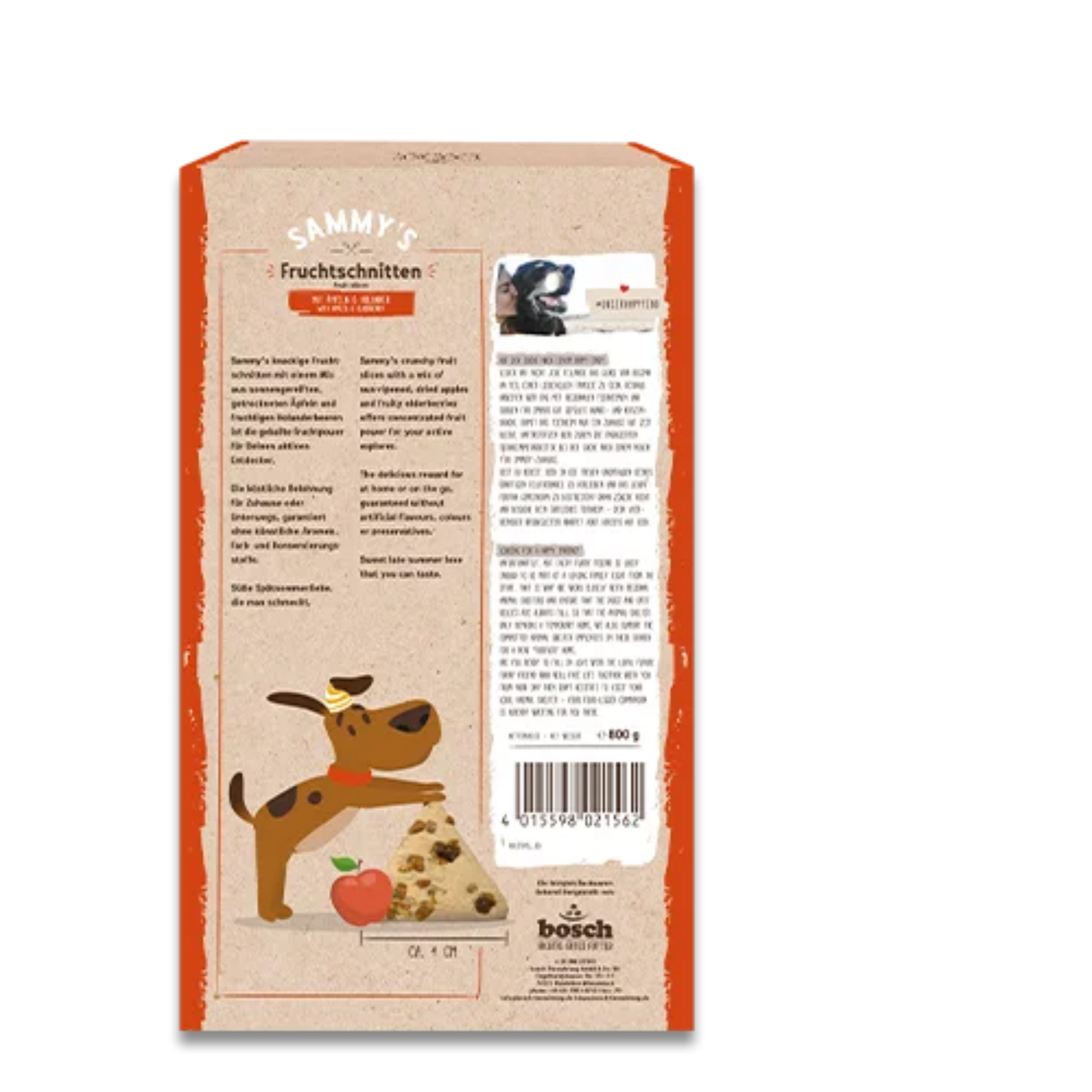 Sammy’s Fruchtscheiben 4x800g, Hundesnack mit Apfel und Holunder in Vorratspackung Rueckseite, ohne Zusatzstoffe. Bei Bolt´s Futterkiste.