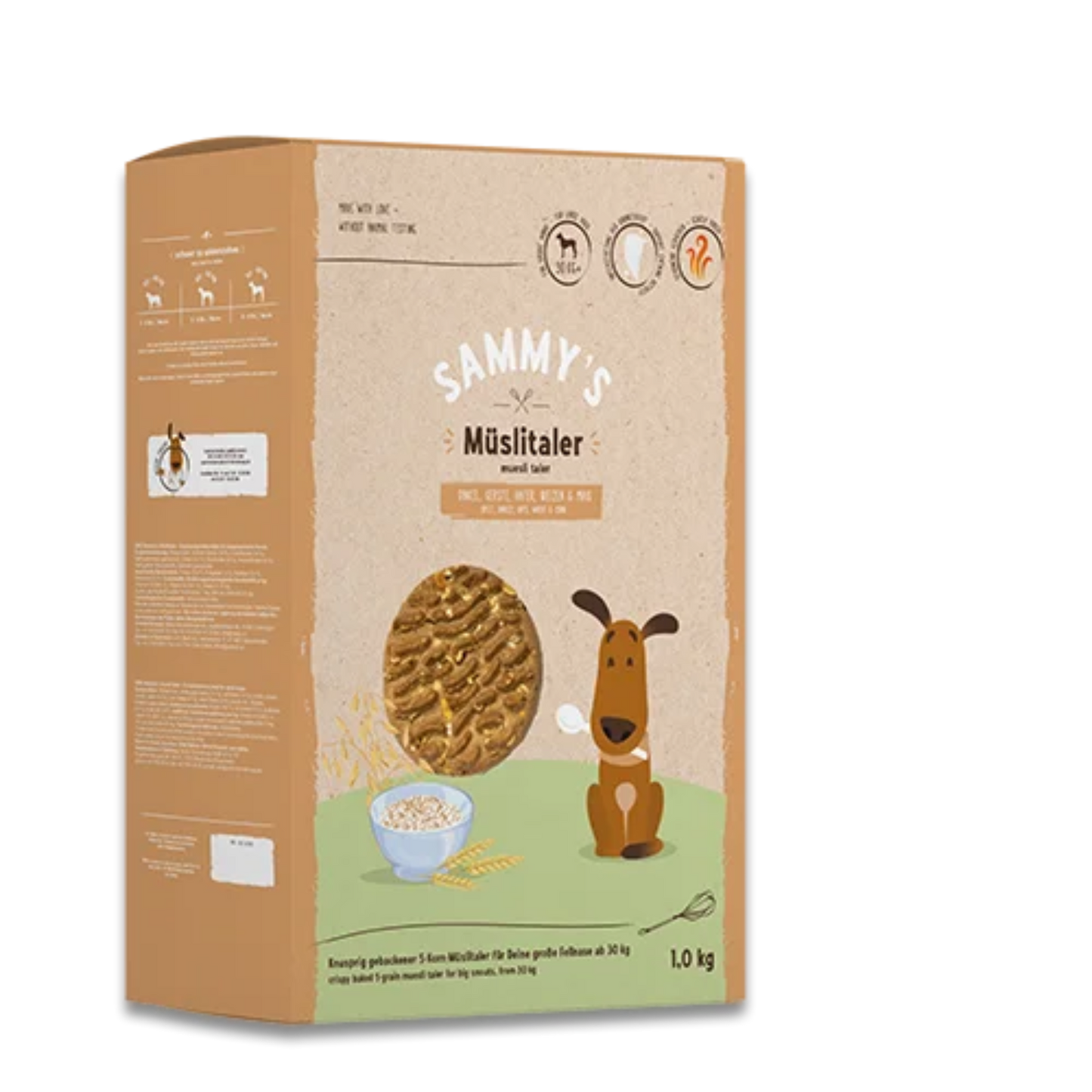 Sammy’s Müslitaler 1x5kg Verpackung vorn, knackiger 5-Korn-Hundesnack ohne Zucker. Bei Bolt´s Futterkiste.