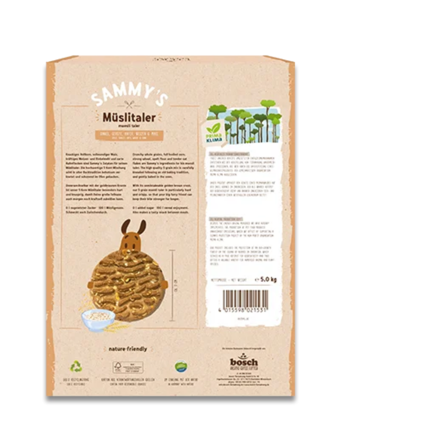 Sammy’s Müslitaler 1x5kg Verpackung Rückseite, knackiger 5-Korn-Hundesnack ohne Zucker. Bei Bolt´s Futterkiste.