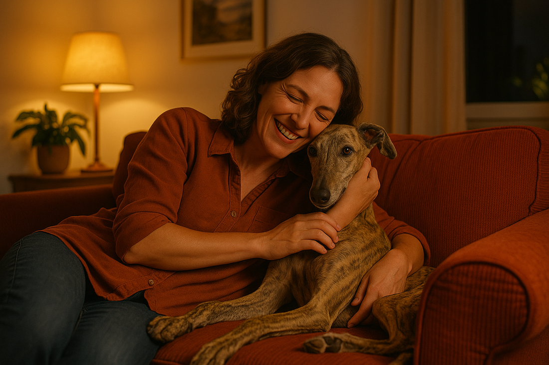 Frau und Hund sind Glücklich und Harmonisch auf dem Sofa. Bei Bolt´s Futterkiste.