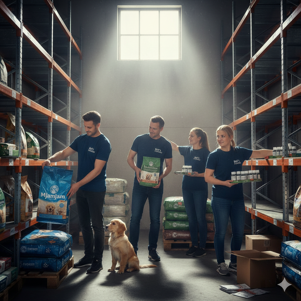 Das Team von Bolt’s Futterkiste bei der Arbeit im Lager: Regale werden mit frischer Ware von Mjamjam und Canina bestückt, um das Sortiment für unsere Kunden zu optimieren. Ein kleiner Hund beobachtet das Geschehen aufmerksam.