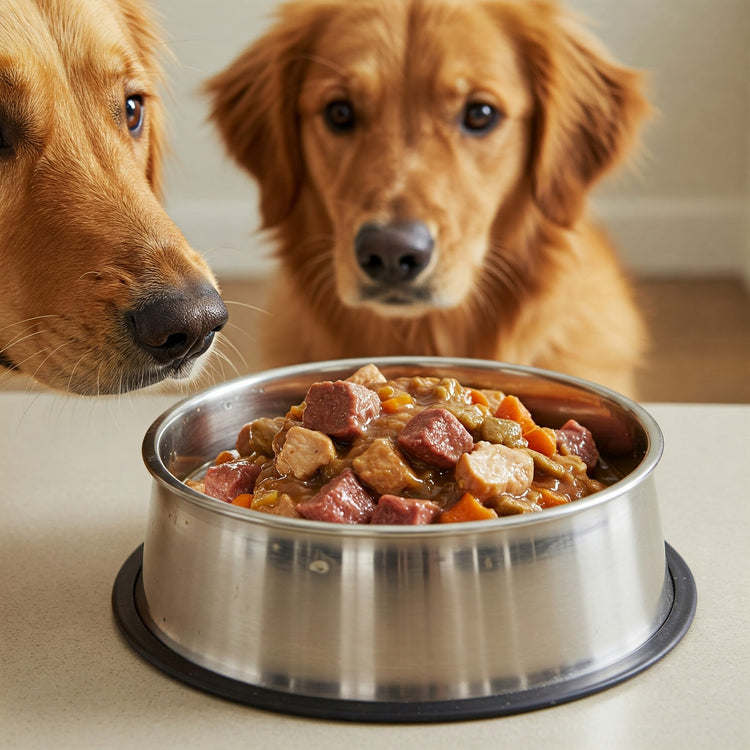 Zwei Hunde die vor einem Napf voll mit Nassfutter sind