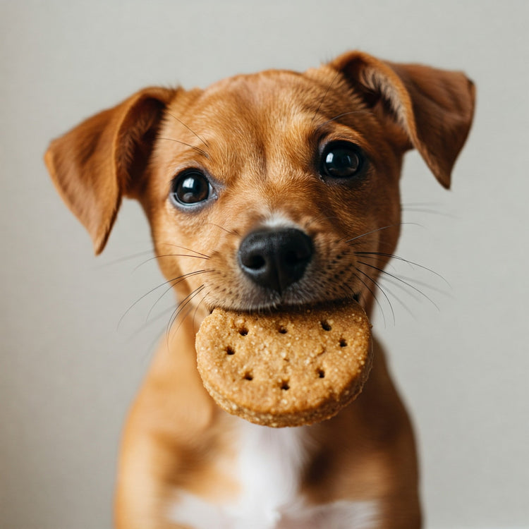 Kleiner Hund der einen Snack im Maul hat