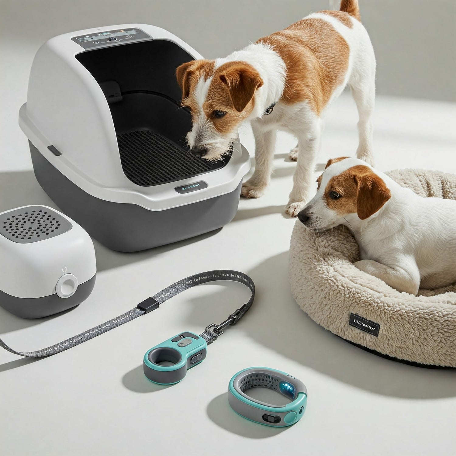 Zwei Hunde die umgeben von Zubehör sind