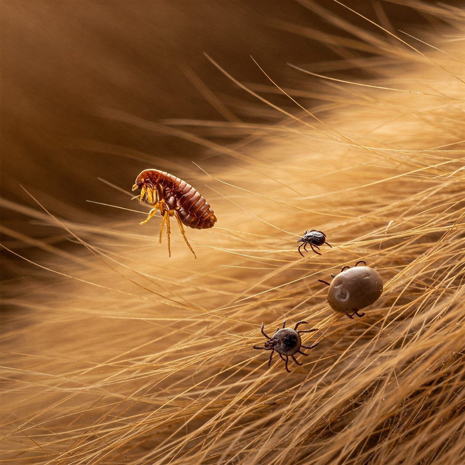 Parasiten, Flöhe und Zecken, die in einem Haustierfell sitzen.