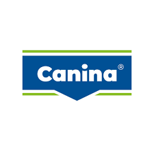 Canina Firmenlogo mit dem Schrieftzug "Canina" in weiß auf einem blauen, rechteckigen Hintergrund mit grünen Zierlinien.