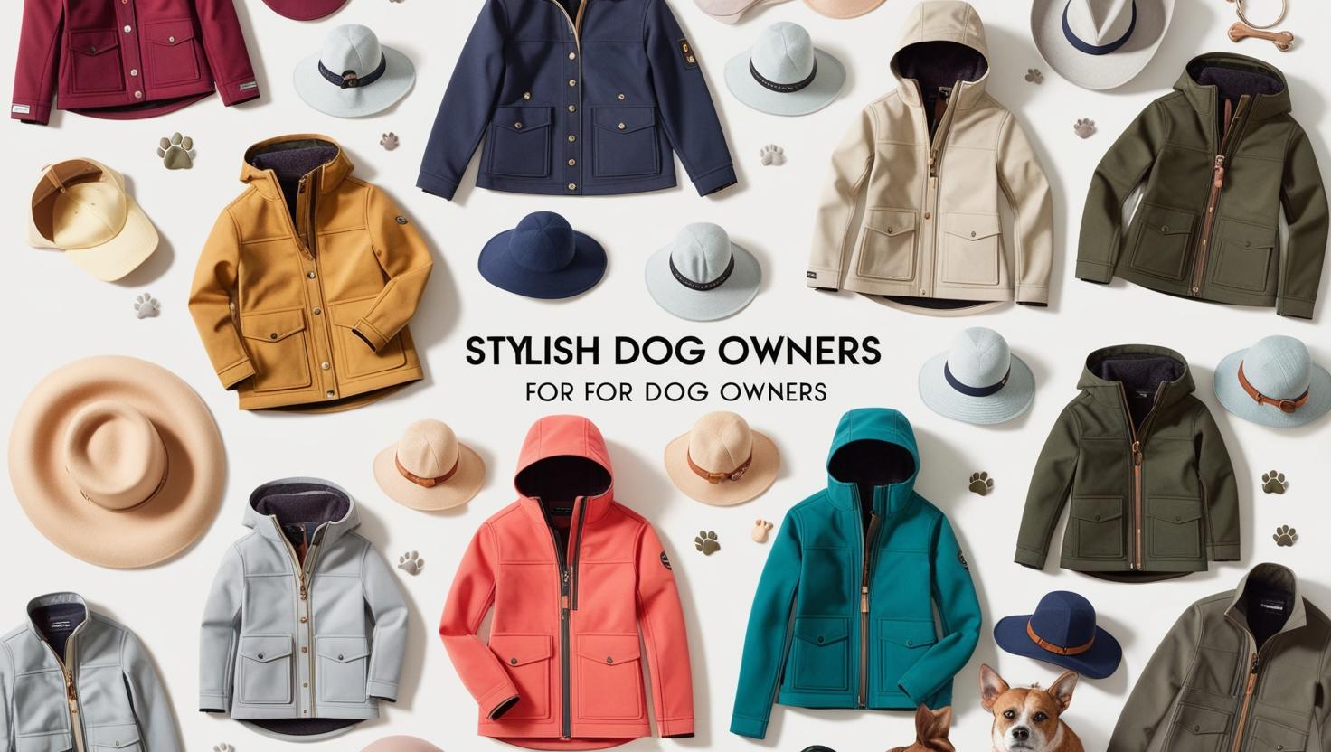 Verschieden Kleidungsstücke die auf einem hellen Hintergrund liegen, in der Mitte ist mit schwarzen Buchstaben, Stylish Dog Owners geschrieben.