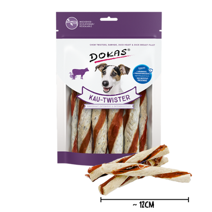 9 x Dokas Kau-Twister Rinderhaut Entenherz und Entenbrustfilet 200 g