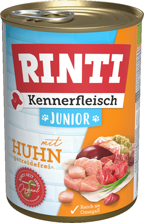 12 x Rinti Kennerfleisch Junior - mit Huhn in der Dose - 400 / 800g