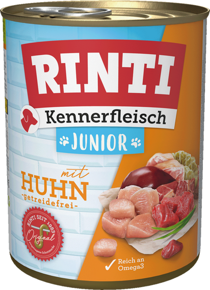 12 x Rinti Kennerfleisch Junior - mit Huhn in der Dose - 400 / 800g