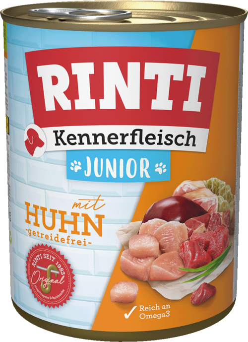 12 x Rinti Kennerfleisch Junior - mit Huhn in der Dose - 400 / 800g