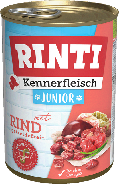 12 x Rinti Kennerfleisch Junior - mit Rind in der Dose - 400 / 800g