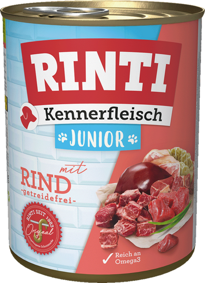 12 x Rinti Kennerfleisch Junior - mit Rind in der Dose - 400 / 800g