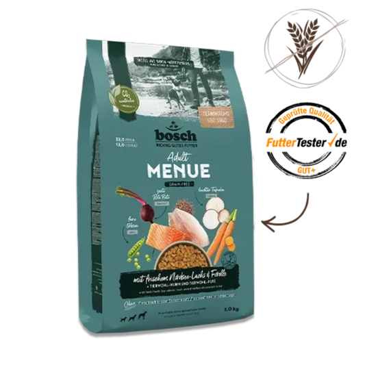Bosch HPC Menue Adult Nordsee-Lachs & Forelle 1kg – Getreidefrei mit 54% Frischfleisch