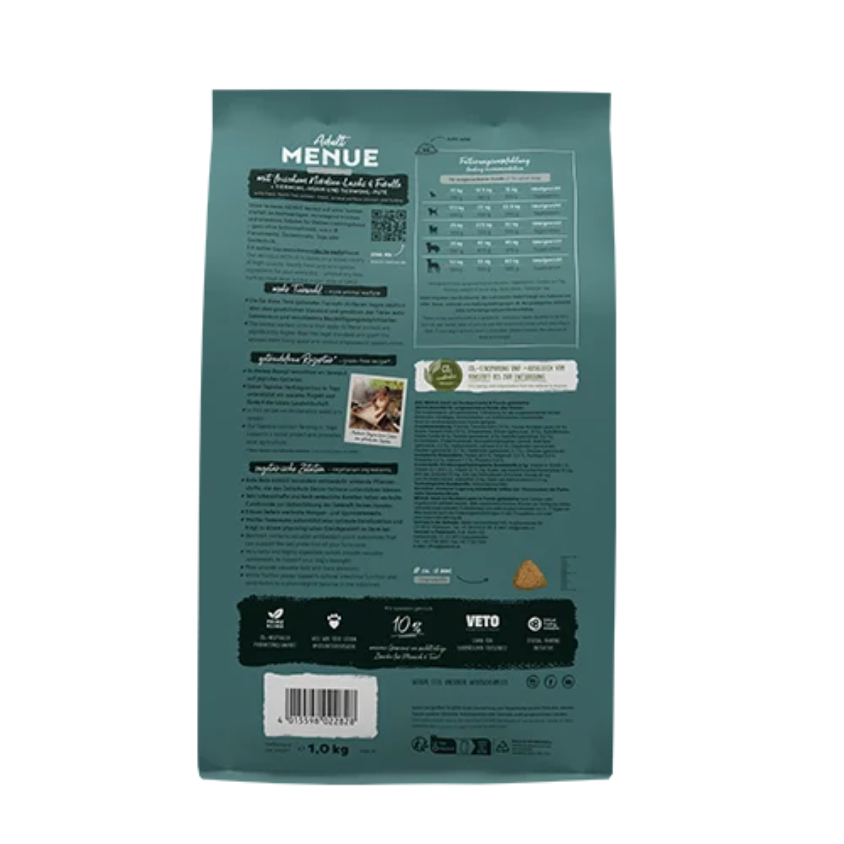 Bosch HPC Menue Adult Nordsee-Lachs Rückseite mit Fütterungsempfehlung und Nährwertangaben
