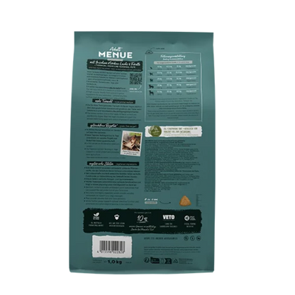 Bosch HPC Menue Adult Nordsee-Lachs Rückseite mit Fütterungsempfehlung und Nährwertangaben