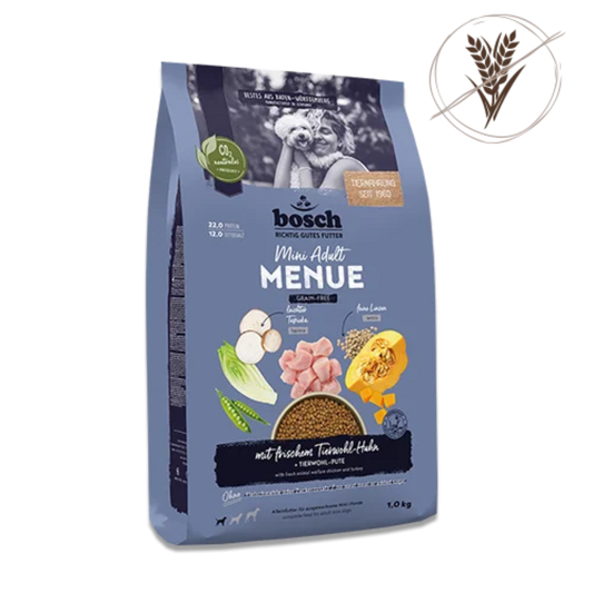 Bosch HPC Menue Mini Adult Tierwohl-Huhn getreidefrei – 50% Frischfleisch für kleine Hund