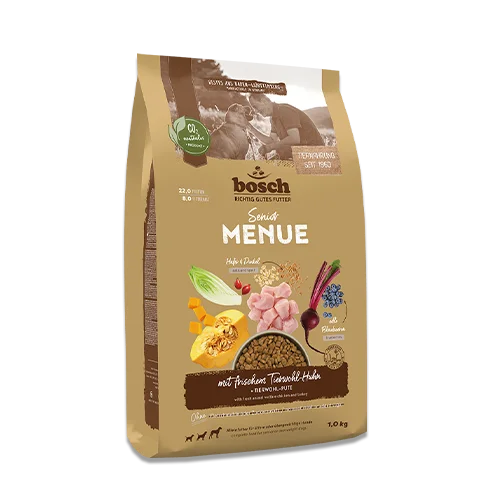 Bosch HPC Menue Senior Tierwohl-Huhn Trockenfutter 1kg – 51% Frischfleisch mit Dinkel & Hafer