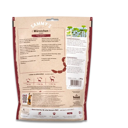 Sammy’s Wasserbüffel-Würstchen 6x240g, getreidefreie Hundesnacks Verpackung Rückseite, proteinreich und natürlich.