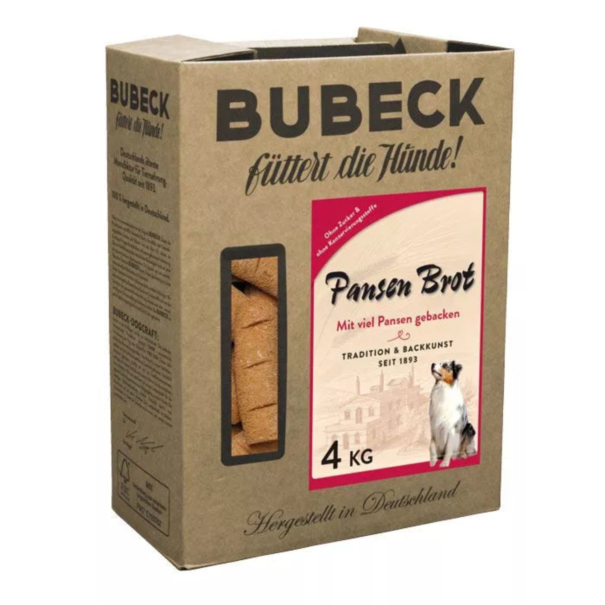 Kartonverpackung von "Bubeck Pansen Brot" für Hunde, 4kg, braunes Design mit Sichtfenster auf das Brot, Abbildung eines Hundes und Aufdruck "Mit viel Pansen gebacken" sowie "Hergestellt in Deutschland".