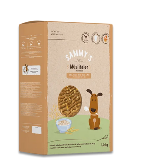 Sammy’s Müslitaler 1x5kg Verpackung vorn, knackiger 5-Korn-Hundesnack ohne Zucker. Bei Bolt´s Futterkiste.